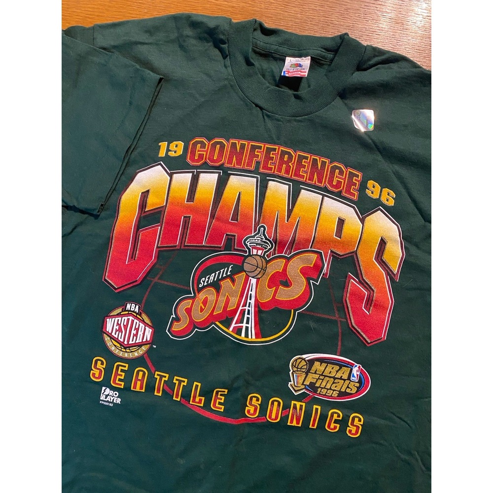 Vintage 1996 Seattle Sonics NBA Finals Tee L USA FOTL Green NOS Holo Sticker